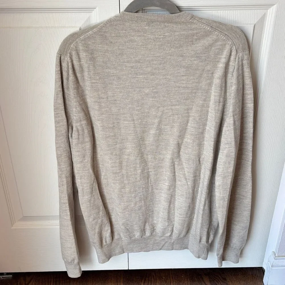 J. Crew 100% merino wool Men's V-Neck Sweater heathered tan oatmeal large EUC